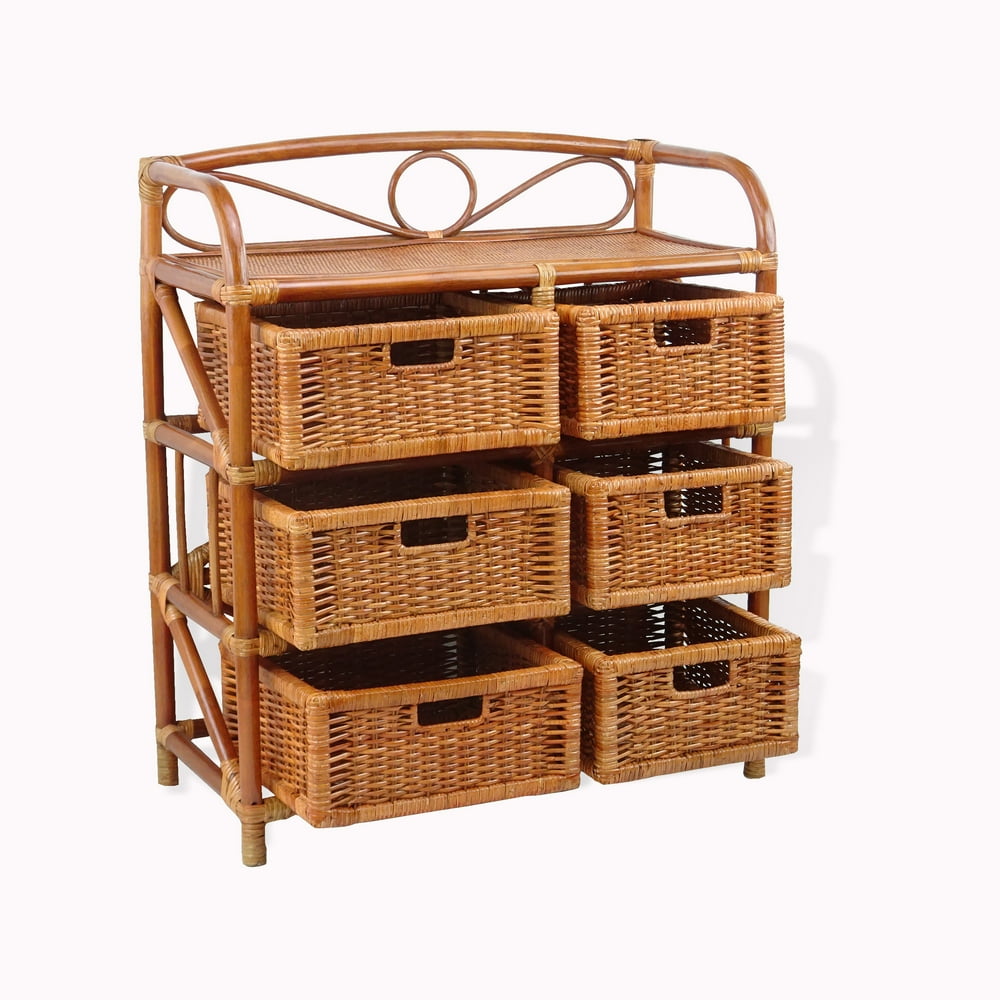 SK New Interiors Laundry Chest w/ 6 Drawers Natural Rattan Wicker
