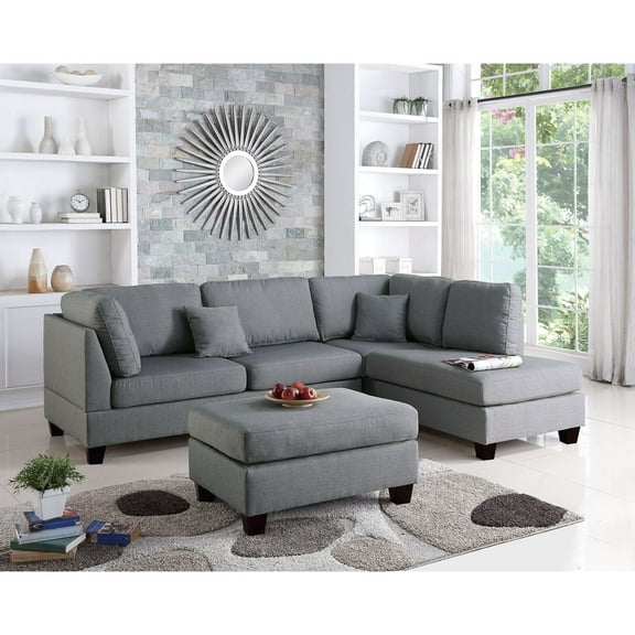 Poundex 3 Piece Fabric Reversible Sectional Sofa Set with Ottoman in Gray