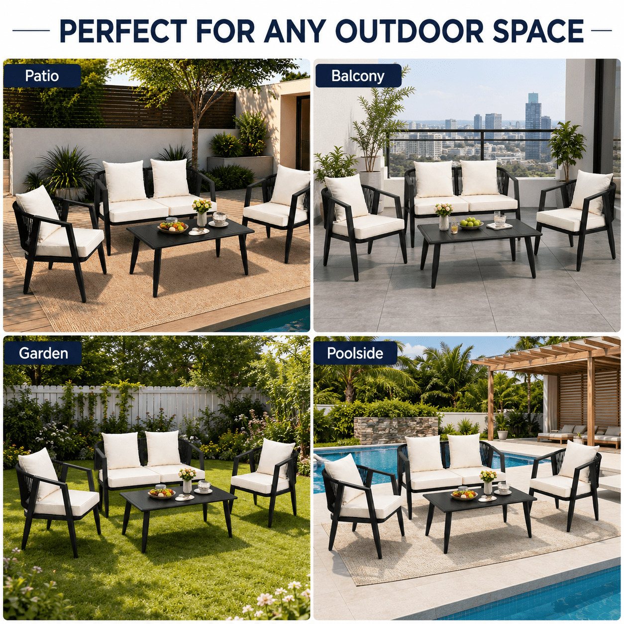 4 Pieces Heavy-duty Patio Furniture Sets, Metal Outdoor Conversation Sofa with Table, Cushioned Backyard Table and Chairs for 4 with Wide Seats, Thickened Steel Frame, Beige Cushions