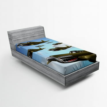 Ambesonne Airplane Fitted Sheet, Aircrafts up in Air, Twin Size, Blue Green Grey