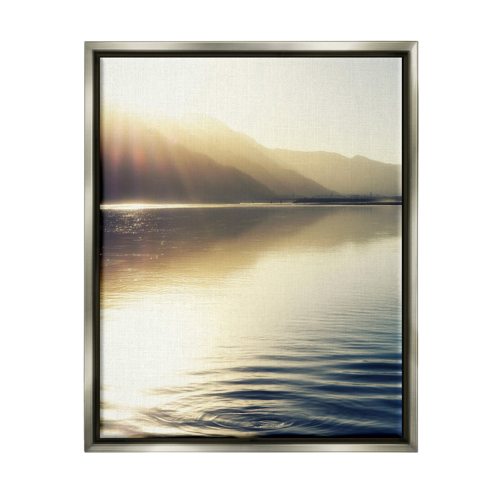 Stupell Industries Quiet Mountain Lake Water Ripples Sunrise Rays Photograph Luster Gray Floating Framed Canvas Print Wall Art, Design by Savanah Plank