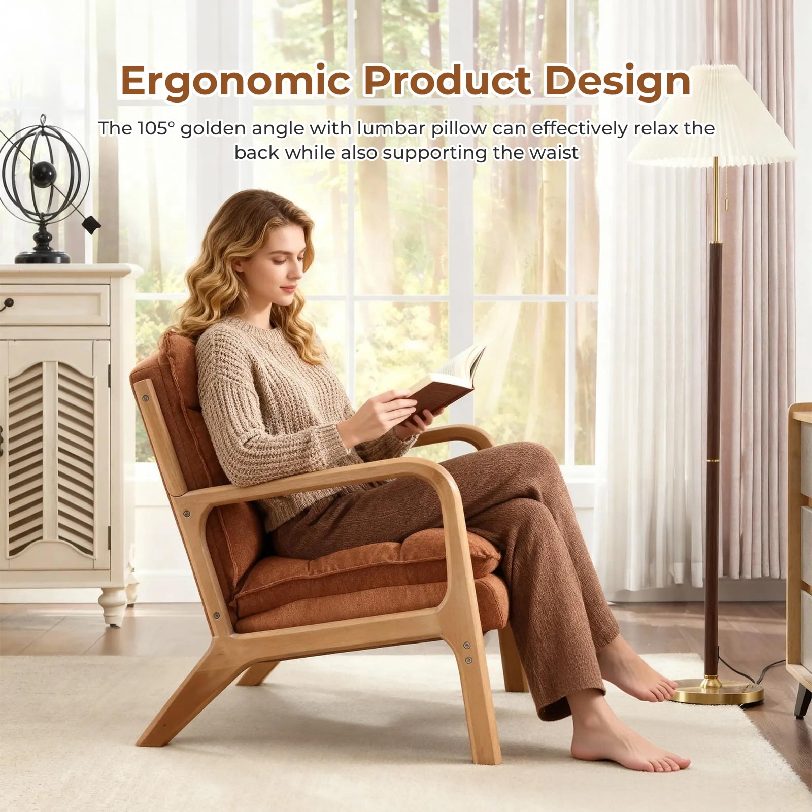 Ebello Mid Century Modern Accent Chair, Double-Padded Reading Armchair with Wood Frame & Lumbar Cushion for Living Room, Bedroom & Office, Brown