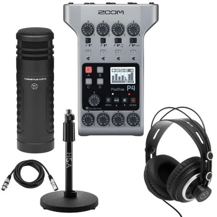 Zoom Zoom PodTrak P4 Podcast Recorder Bundle with TAP500 Hyper-Cardioid Dynamic Broadcast Microphone, Tabletop Microphone Stand, Closed-Back Studio Monitoring Headphones, Microphone Cable