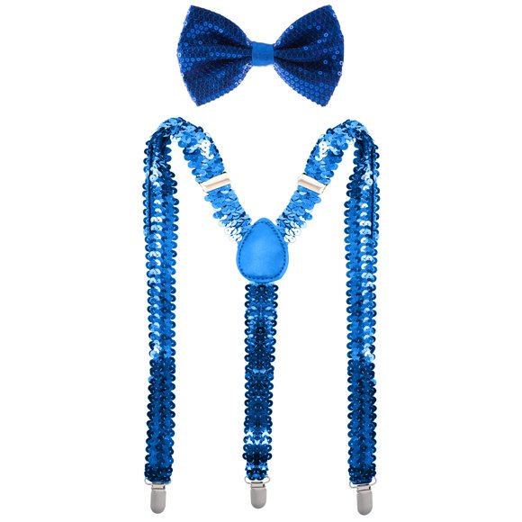 Man of Men - Ensemble Premium Nœud Papillon à Sequins et Bretelles (Bleu)