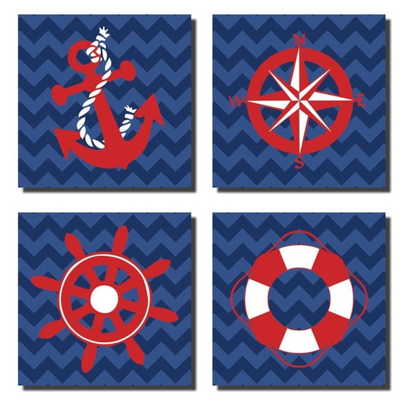 4 Nautical Anchor Compass Wheel and Buoy on Chevron; Four 12x12 Poster Prints. Blue/Red/White