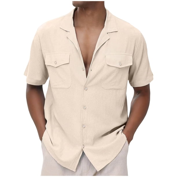 Mens Loose Fit Camisas Verano Manga Corta Solapa Botón Arriba, Estilo de Cárdigan de Color Sólido con Bolsillo para Casual