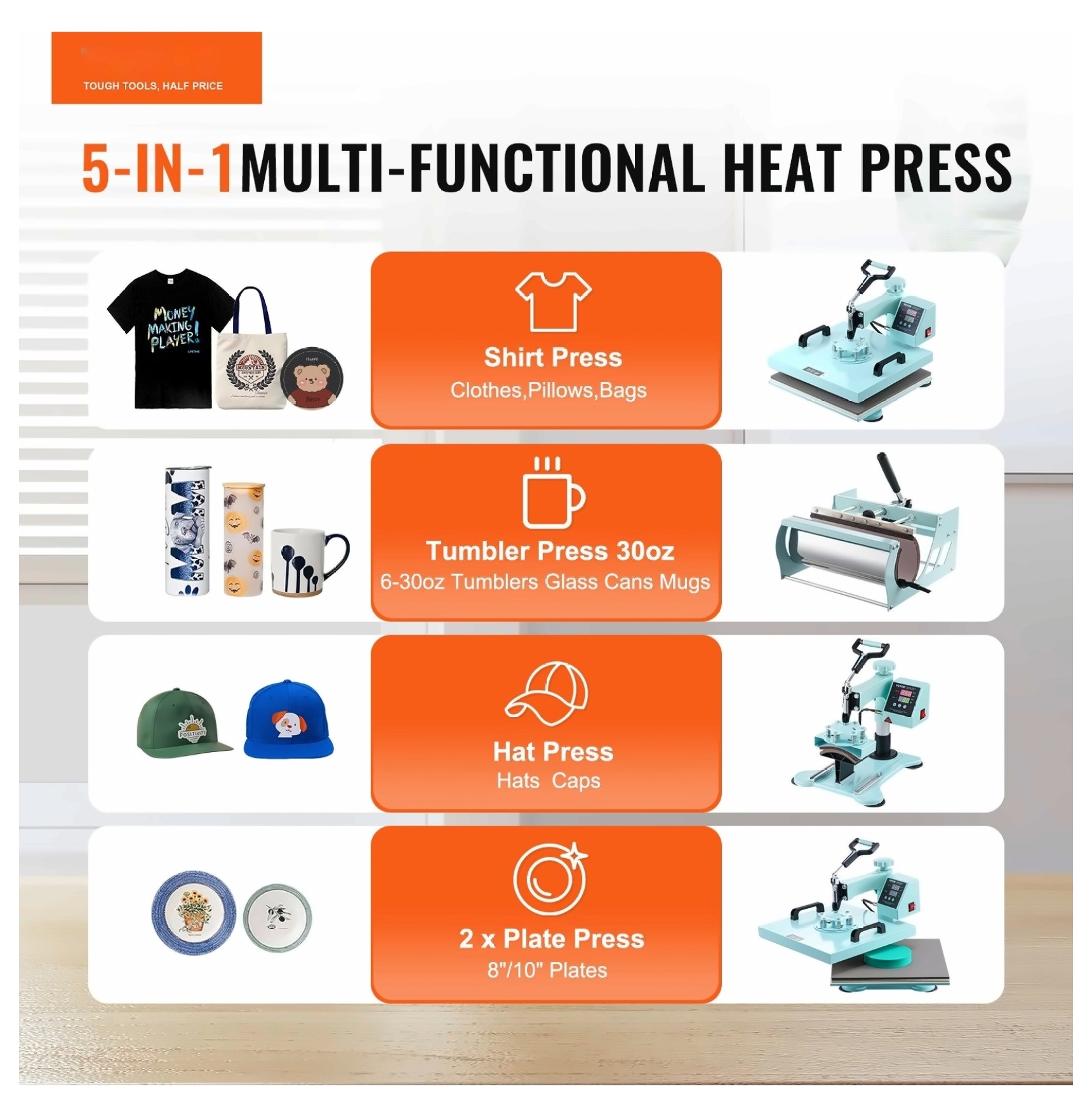 Heat Press Machine 15x15, 5-in-1 with Tumbler Press, for T-Shirts, Mugs, Hats, Pillowcases - Digital Control, Swing Away Design