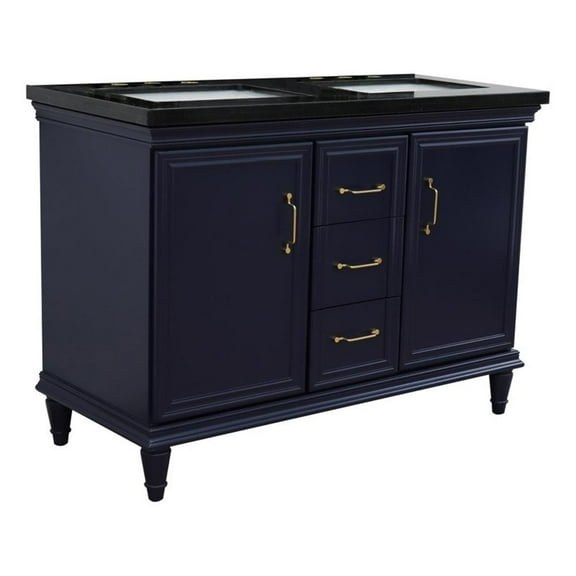 49 in. Double Wooden Vanity Blue with Black Galaxy Rectangle Sink