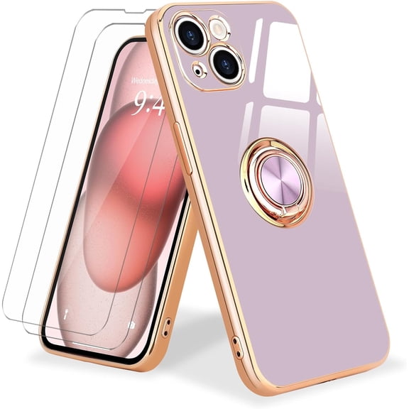 for iPhone 15 Plus Case with Stand 360° Rotatable Ring Holder Magnetic [with 2 Screen Protector] Kickstand Gold Plating for Women Men Shockproof Protective Phone Case for iPhone 15 Plus,Purple
