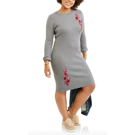 Poof Juniors' Plus Long Sleeve Ribbed Bodycon Dress With Floral Embroidery