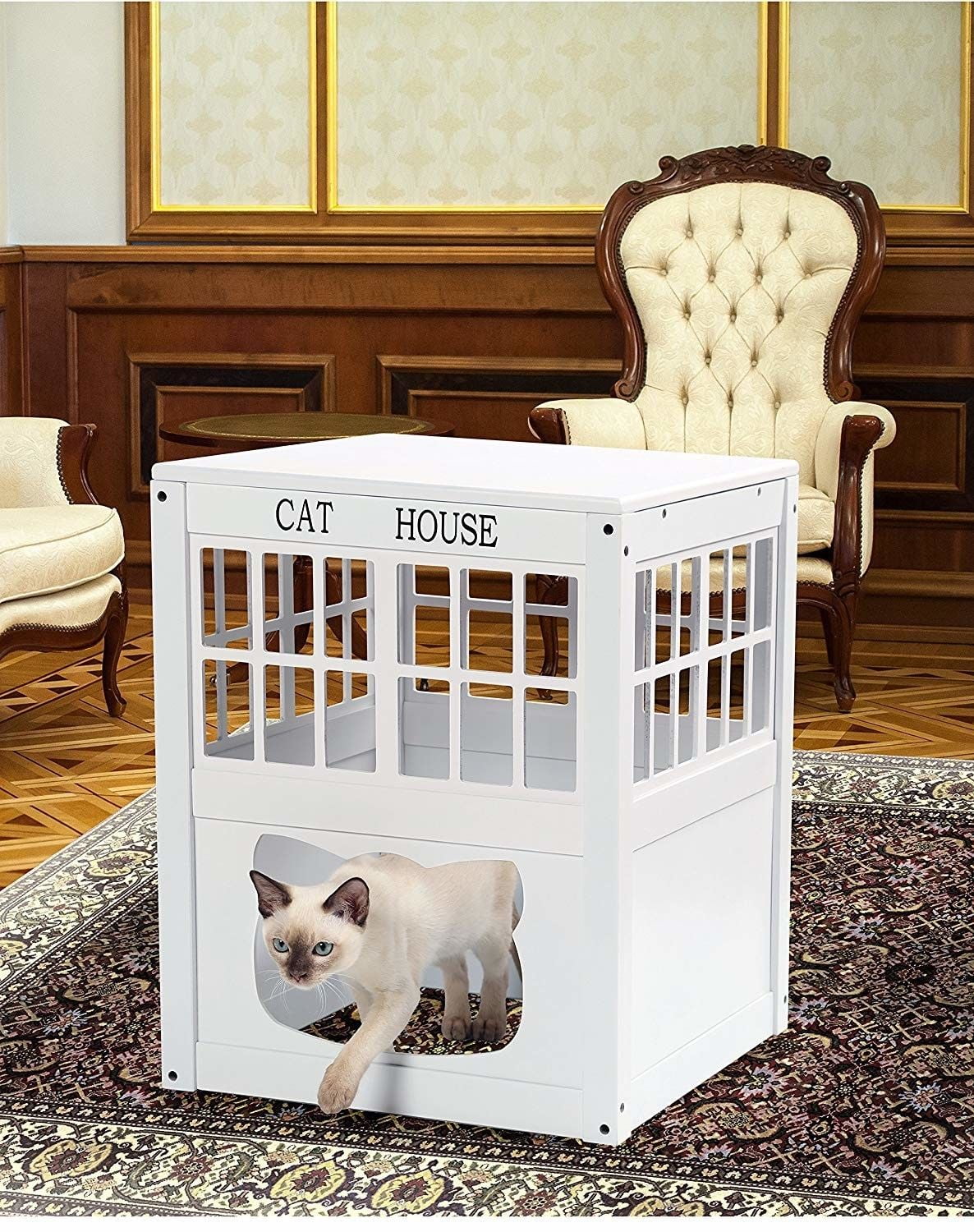 White Wooden Cat  House  Wood Kitty Indoor  Outdoor House  Walmart com Walmart com