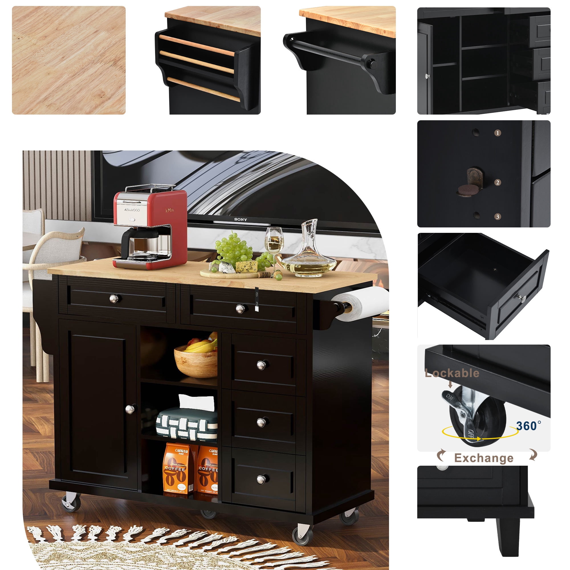 DEALTOPS 53 Inch Kitchen island with Rubber wood desktop rolling mobile kitchen cart with storage and 5 drawers-Black