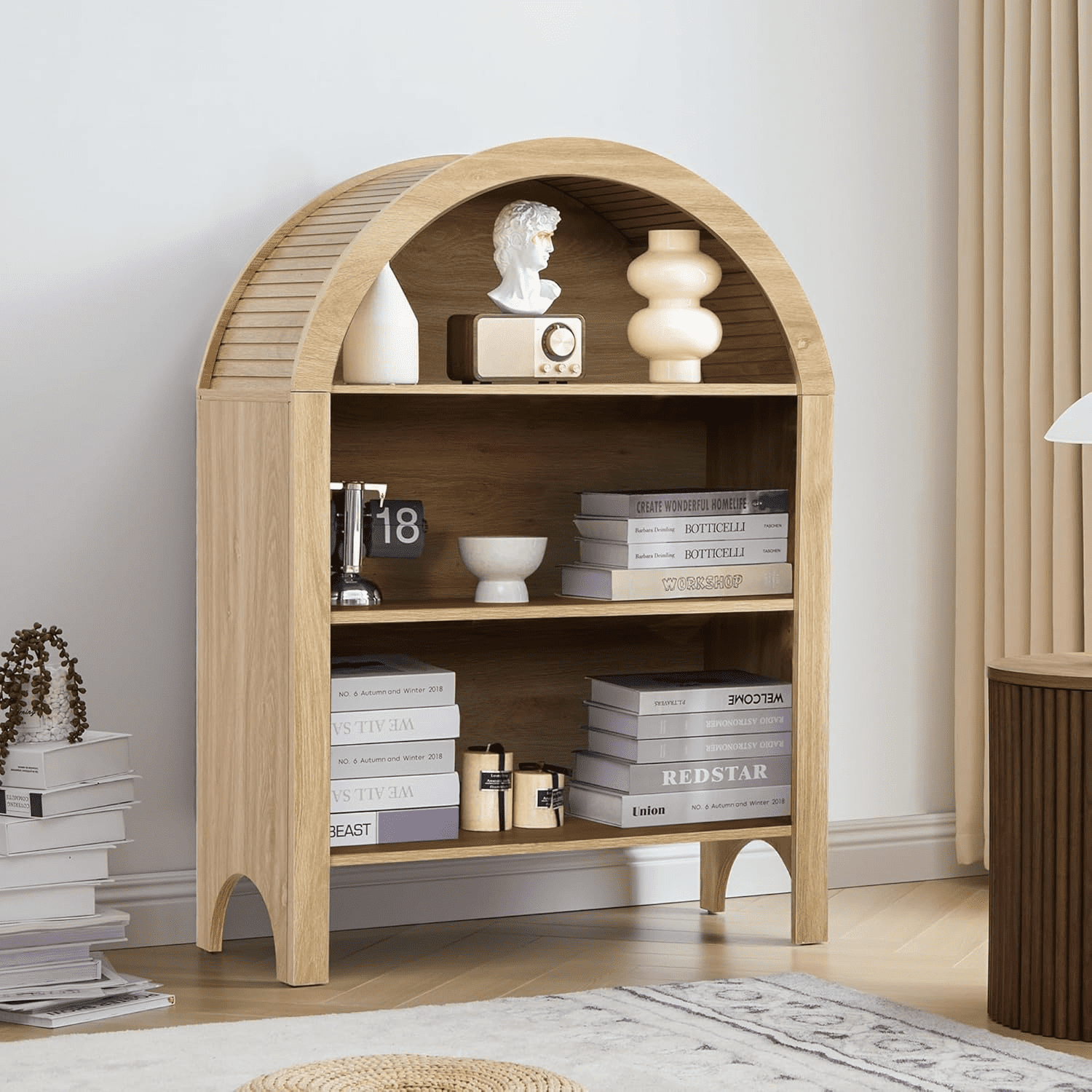 LEFHDA Small Kids Arched Bookshelf, Modern 3-Tier Open Bookshelf, Wood Freestanding Arched Bookcase with Adjustable Shelves, Covered Rounded Top Display Cabinet (Oak)