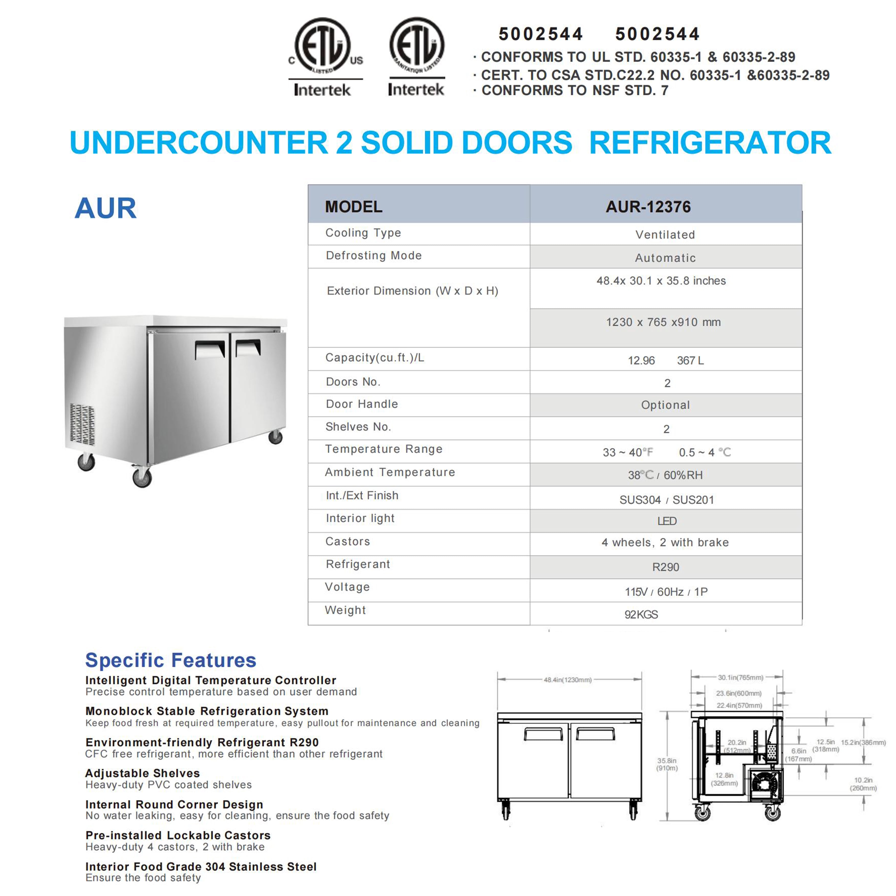 NSF 48 in. Undercounter Refrigerator, 2 Solid Doors Refrigerator 13 Cu.Ft. Commercial Undercounter Refrigerator