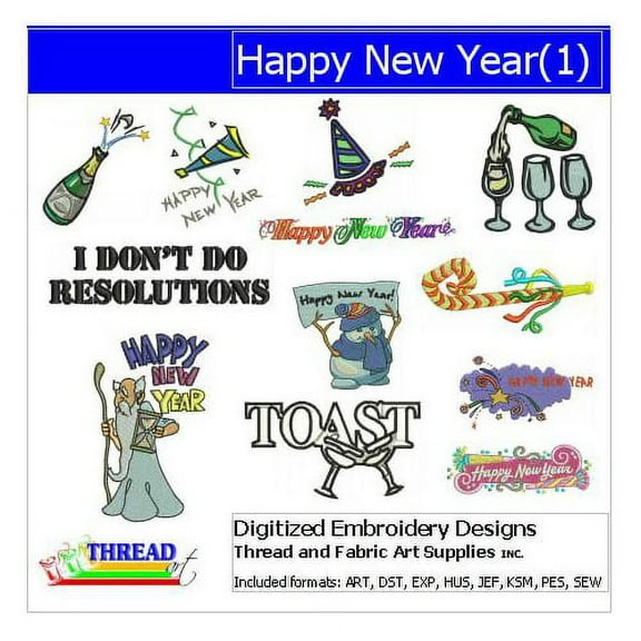 Happy New Year (1) Embroidery Designs - All Popular Formats Included - Loaded on USB Stick