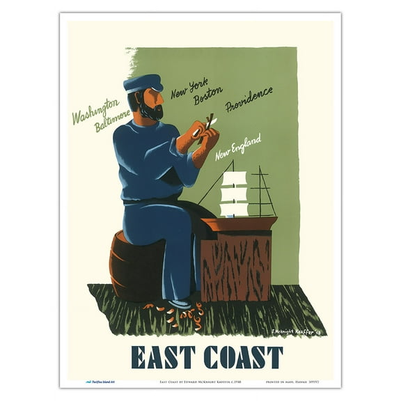 The East Coast - Washington Baltimore New York Boston Providence New England - Vintage Travel Poster by Edward McKnight Kauffer c.1948 - Master Art Print (Unframed) 9in x 12in