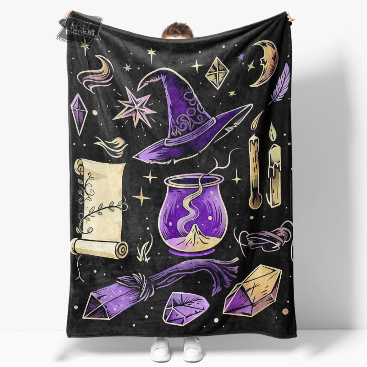 Halloween Witch Theme Blanket - Plush Fleece Purple & Black Magic Throw with Witches, Bats, Cauldrons & Design - Soft Cozy Bedspread for Couch, Bed, Parties - Lightweight Warm All-Season Decor (280gs