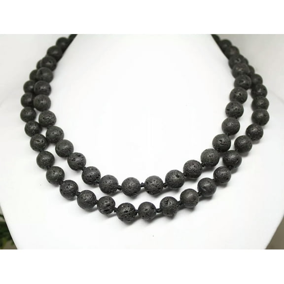 K-KED 35" 10mm Long Beauty Black Lava Round Beads Stone Handmade Strand Necklace