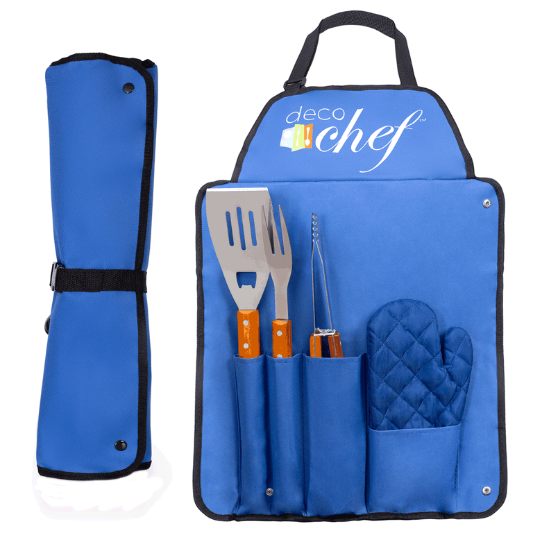 Deco Chef 5 Piece BBQ Tool Set, Custom Blue Apron, Stainless Steel Grilling  Utensils - Spatula, Fork, Tongs, and Oven Mitt