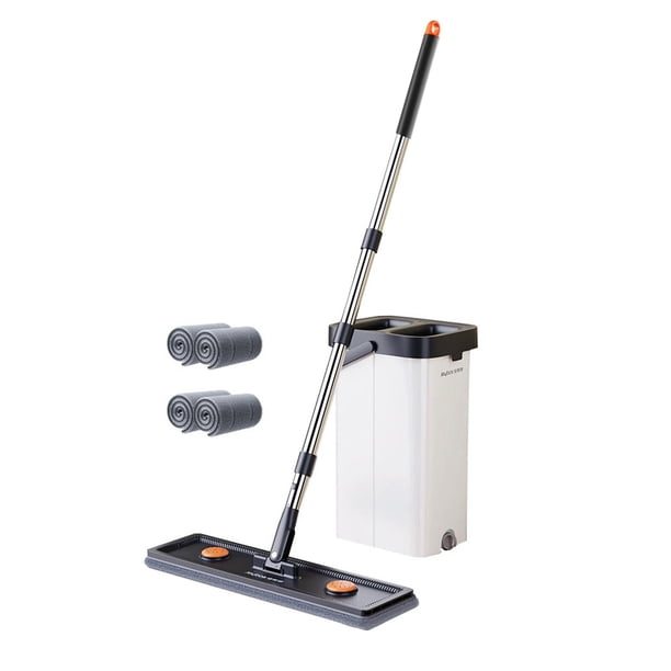 Juego de trapeador y cubo con escurridor, trapeador plano, fregador doméstico autolimpiable con rotación de 360 grados y almohadillas para el hogar, 33 cm 4 almohadillas