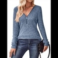 thumbnail image 3 of Suéter Holgado de Punto Acanalado con Cuello de Media Cremallera para Mujer, Blusas Casuales de Larga de Color Liso, Blusas Cómodas y Cálidas Azul XL, 3 of 9