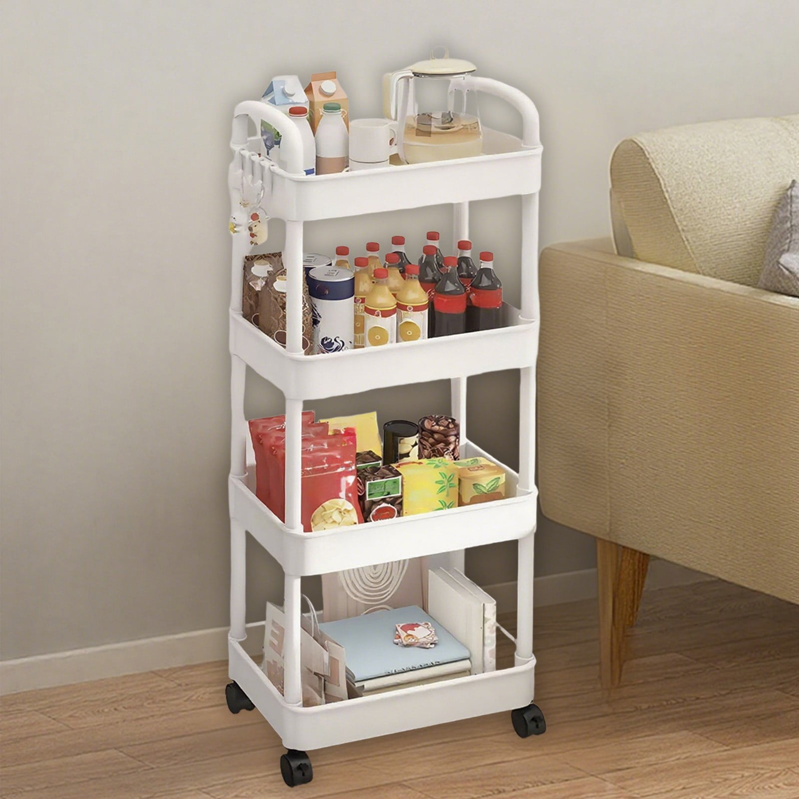 SIYTUAU White 4-Tier Kitchen Storage Cart With Armrests And Wheels For Bathroom Toiletries Organizer 13.8 X 8.7 X 38.2 Inch White Color Plastic Material For Home Use White