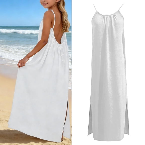 Backless Cami Dress for Kids Sleeveless House Dress White Flowy Dress Maxi Sundress Beach Vacation Dress