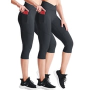 NELEUS Womens V Cross Waist Capri Yoga Leggings for Workout Non See Through with 2 Pockets,Black,US Size XL