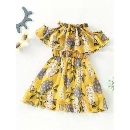 

Yellow Toddler Girls Floral Print Ruffle Trim Cold Shoulder Dress Boho 120 S040E