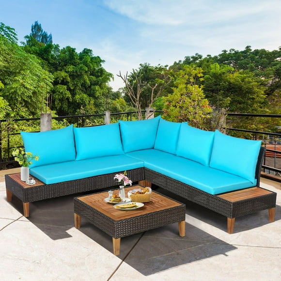 Gymax 4PCS Acacia Wood Patio Furniture Set Rattan Conversation Set w/ Turquoise Cushions