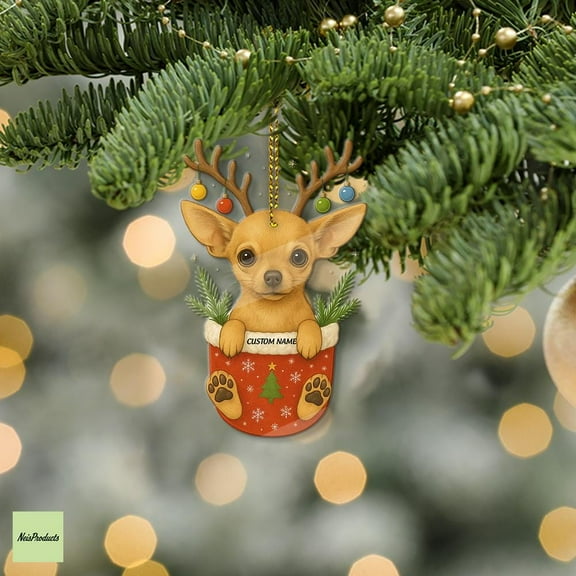 Personalized Chihuahua Acrylic Christmas Ornament Custom Name, Dog in Stocking with Antlers, Festive Tree Decor, Pet Lover Keepsake