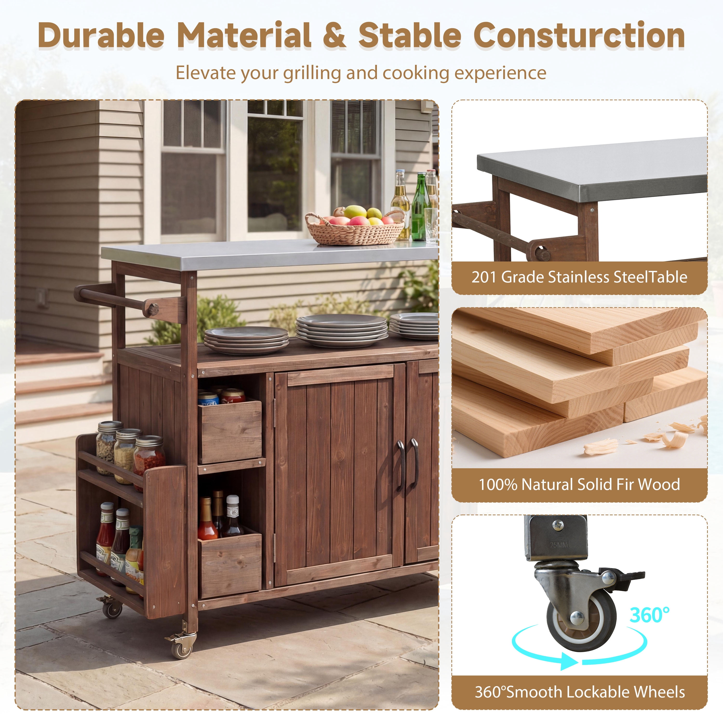 Rolling Kitchen Cart, 54.33 Inch Farmhouse Outdoor Serving Cart for Patio Backyard BBQ, Dark Brown