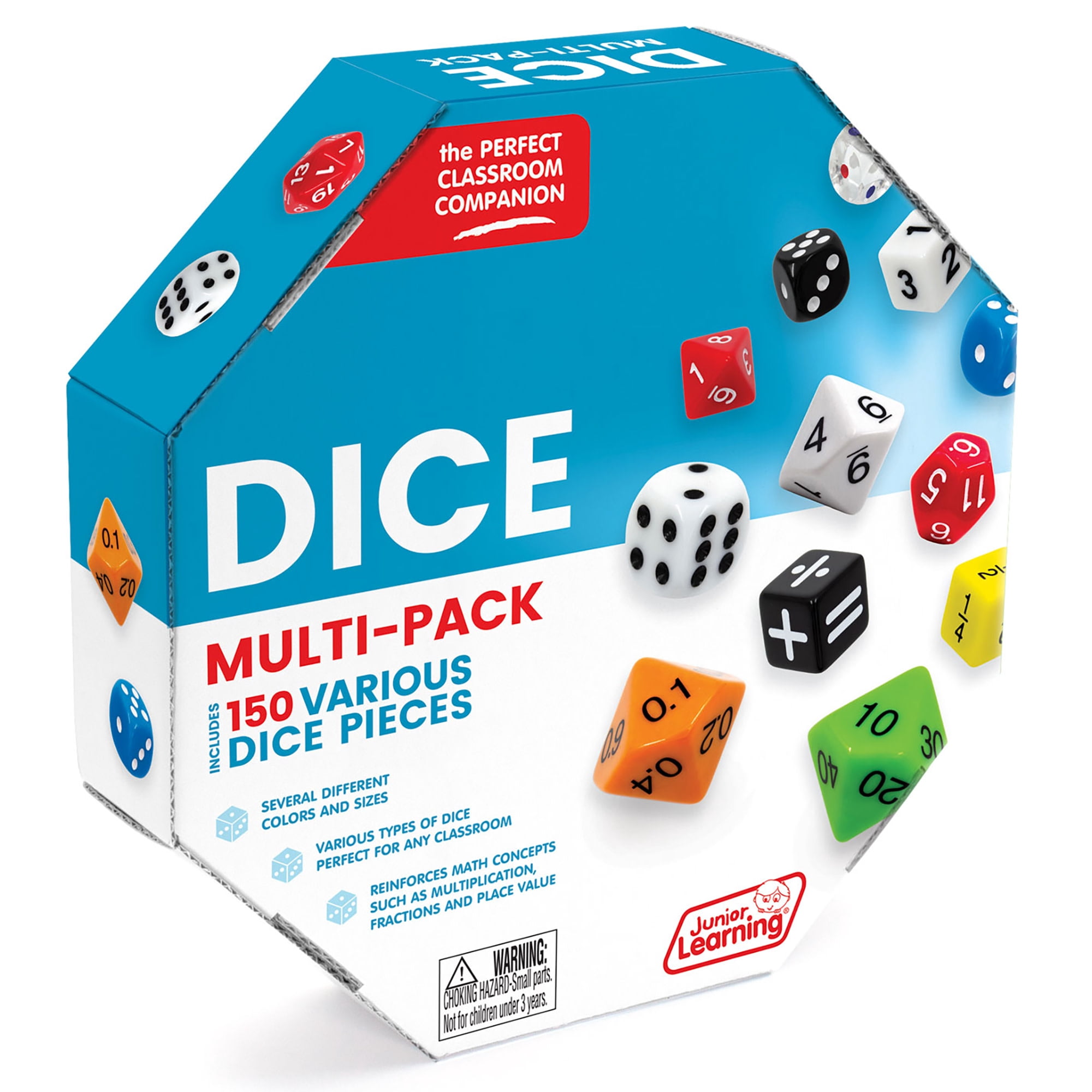 Junior Learning: Dice Multi-Pack - 150 Various Pieces - Multiple Sizes & Values, Math Concepts-Fractions-Equations, Use For Kids Play & Learning Games