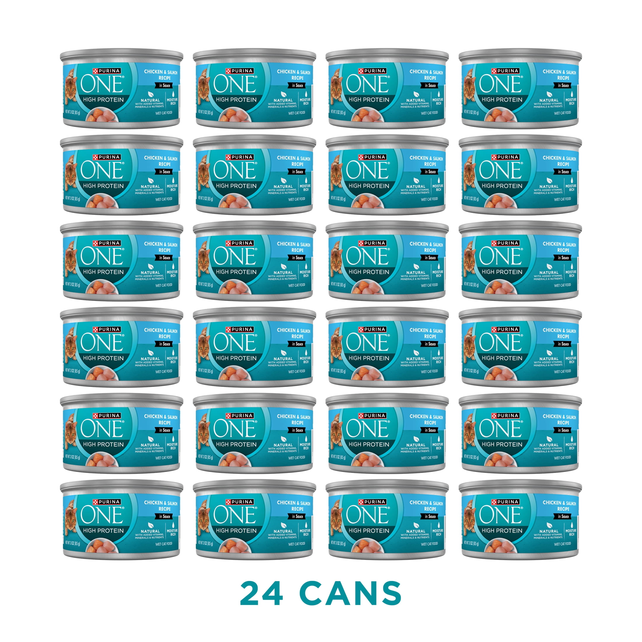 Purina ONE Natural, High Protein Wet Cat Food, Chicken and Salmon Recipe in Sauce, 24 Count, 3 oz Cans