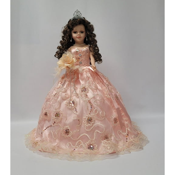 Quinceañera Umbrella Vinyl Doll in Blush Gown, Quince Años Centerpiece & Decoration