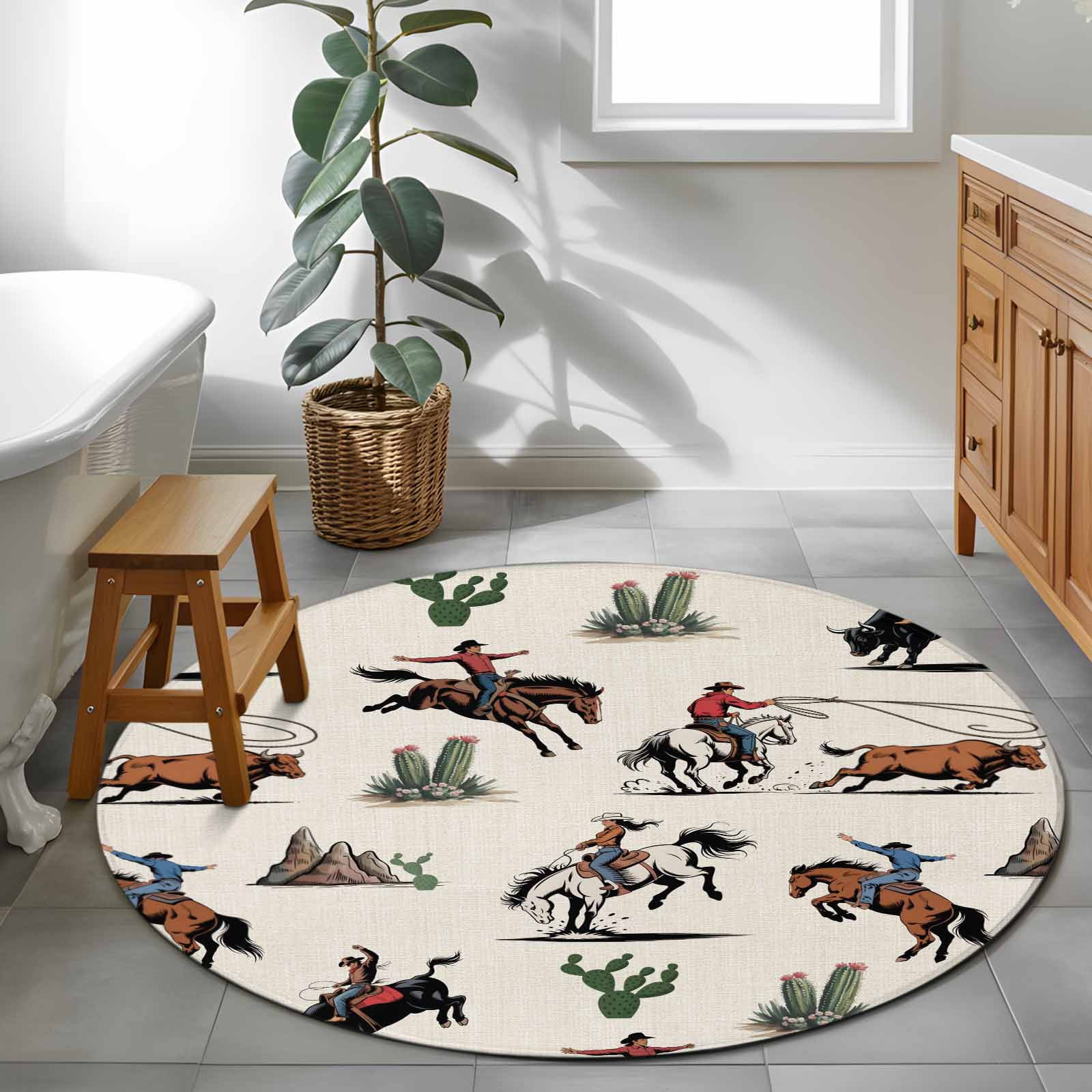 Small Round Rug 3Ft Washable Non-Slip, Western Cowboys Circle Area Rugs for Living Room Bedroom, Beige Vintage Country Cactus Indoor Floor Mats Carpet Runner for Home Decor
