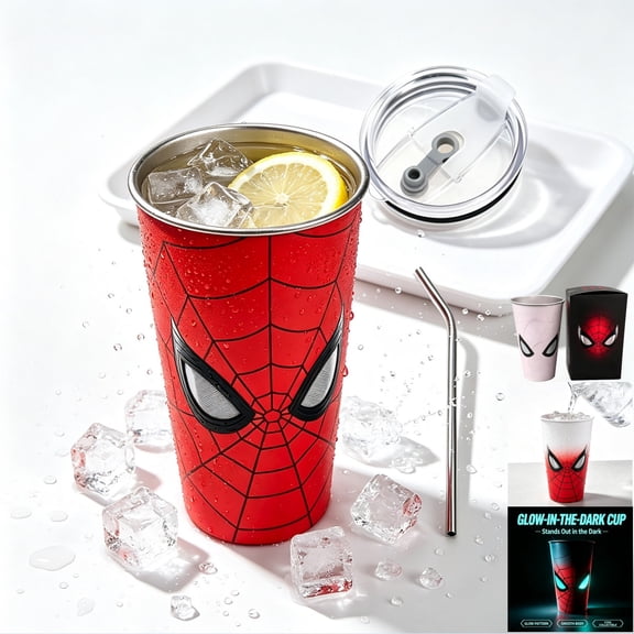 Spider Hero Color Changing Cold Drink Cup with Lid and Straw, 17oz Cold Activated Color Changing Stainless Steel Cup, Glow In Dark Reusable Tumbler, Novelty Fan Gift for Home Outdoor Use