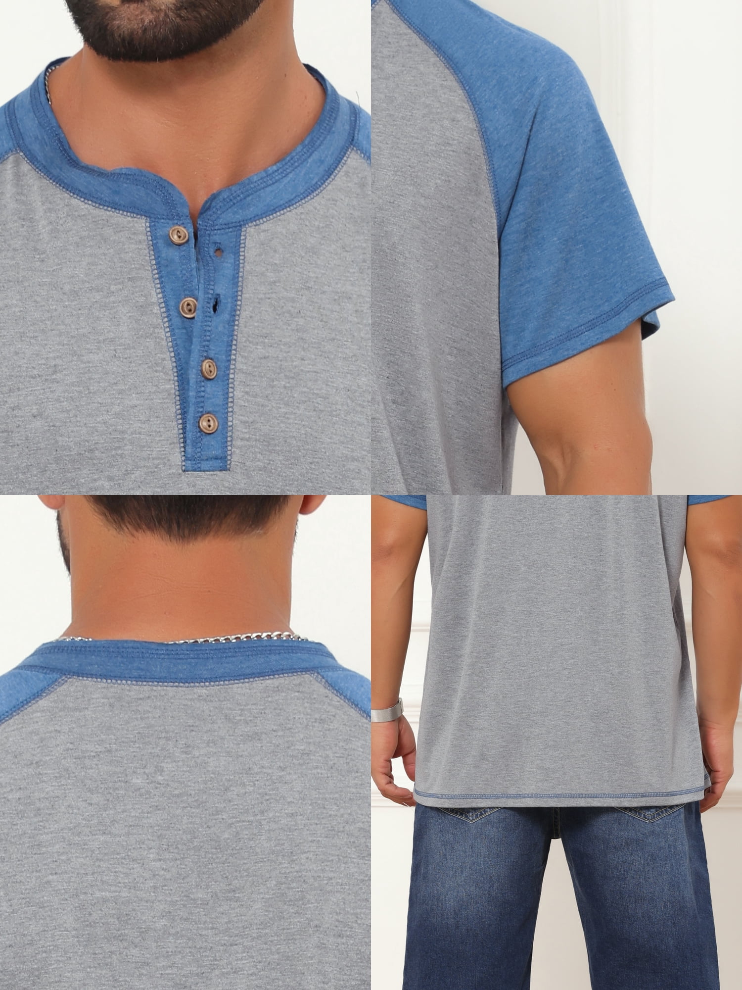 DARING DIVA Men's Raglan Henley Retro Short Sleeve Button Down T-Shirt L Light Gray