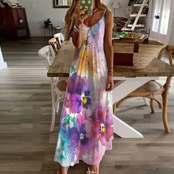Xixinqiwan Women's and Women's Plus Dresses,Womens Sleeveless Printed Camisole Long Dress Camisole V-Neck Dress,Lightweight Boho Dress Vacation Wear