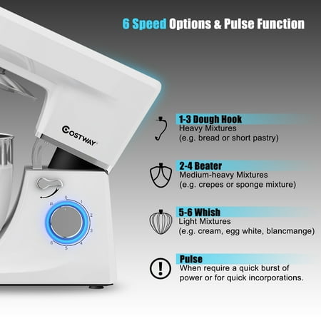Costway - Tilt-Head Stand Mixer 7.5 Qt 6 Speed 660W with Dough Hook, Whisk & Beater - White