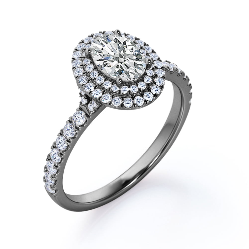 JeenMata 1.5 Carat Egg Shaped Moissanite - Duo Halo Set - Pave Style Engagement Ring - 18K Black Gold Plating over Silver