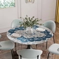 thumbnail image 5 of Blue Boho Floral Round Tablecloth for 36-44 Inch Tables, Fitted Table Cover with Elastic Edge, Vintage National Floral Textured Waterproof Outdoor Table Cloth Protector for Patio Garden Dinner Picnic, 5 of 9