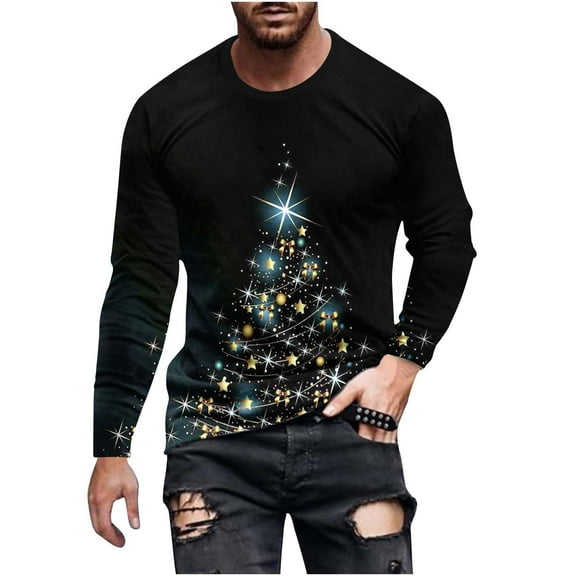 Honeeladyy Mens Christmas Shirt Long Sleeve 3D Printed Xmas Tree Graphic T Shirt Round Neck Pullover Sports Tops Blouses #Md-Yellow-L