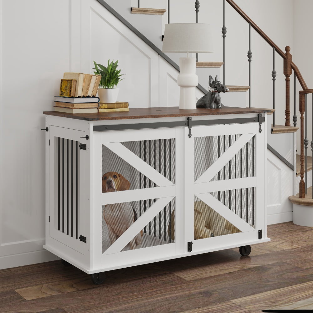 47.2" Double Dog Crate Furniture Mobile Pet Kennel Flip-Top Feeding Door 5 Casters with 2 Locking Wheels Side Hooks