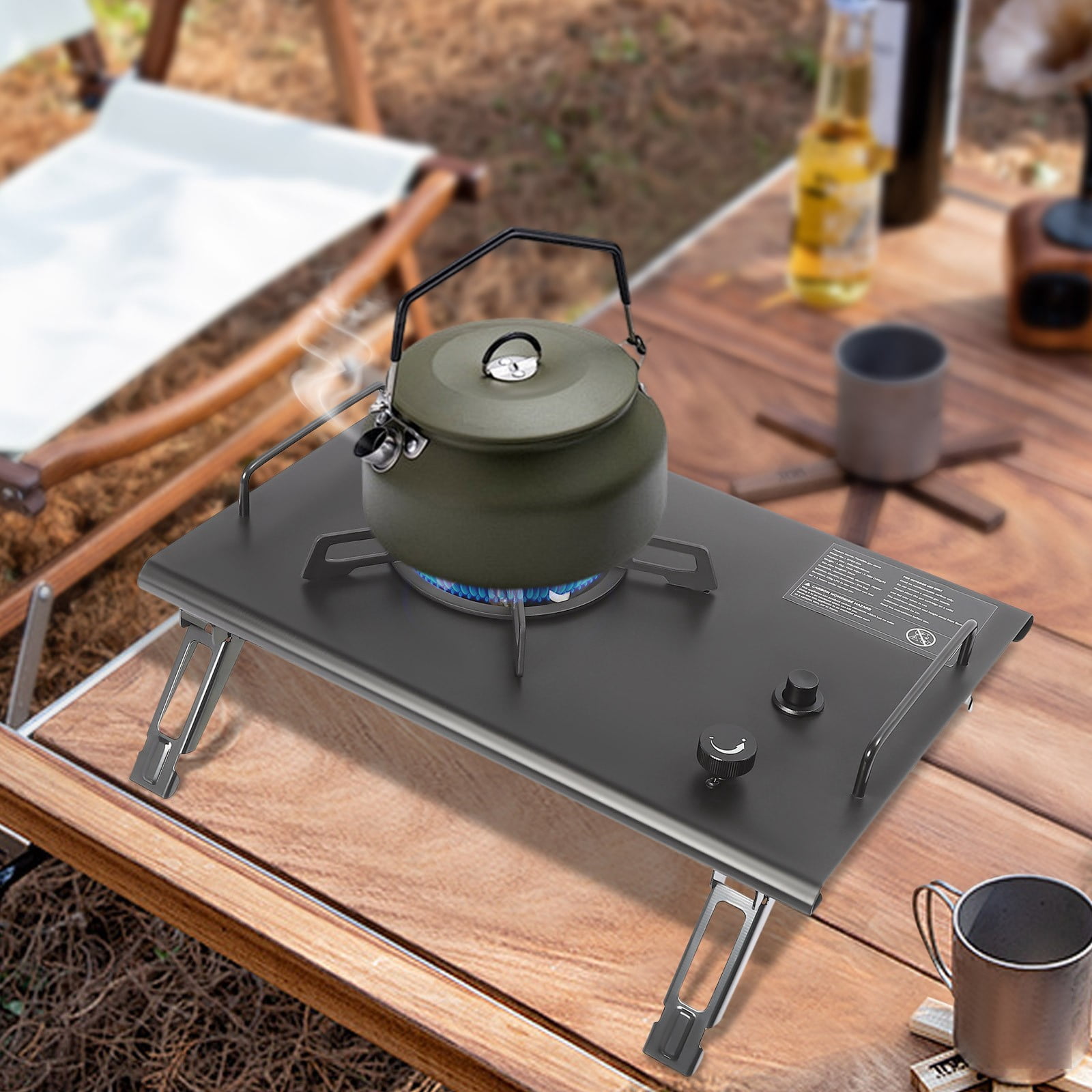 Portable Folding Outdoor Gas Stove, Camping Burner Cooker with Electronic Ignition, Outdoor Camping Cooking Stove for Camping, Hiking or Exploring (Black)