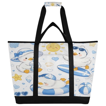 Extra-Large Wide Opening Design Capacity Hand-Held Ice Pack Thickened Insulation Layer For Long-Lasting Cold Retention For Outdoor Shopping Picnics And Camping Cute Summer Ducks Graphic