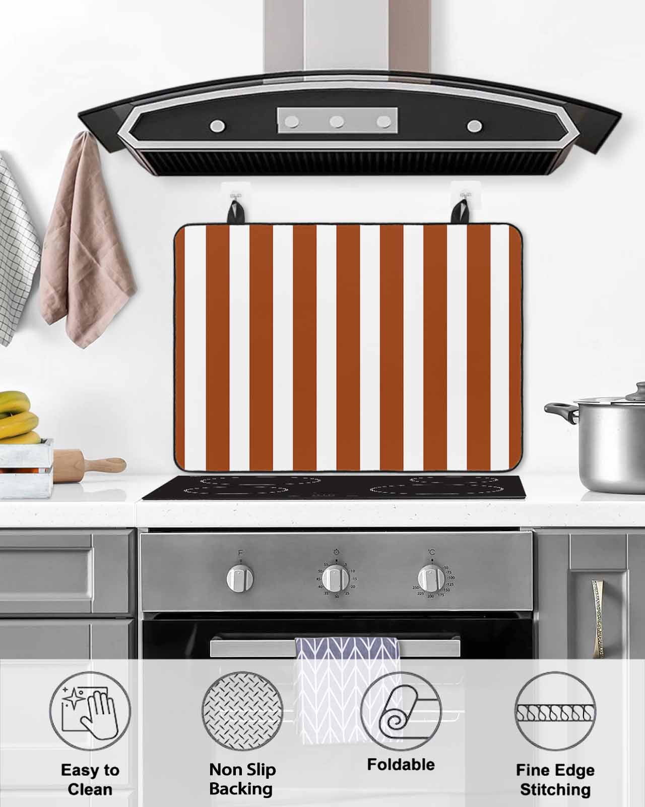 nqOlkjepod Large Induction Cooktop Protector Mat 24"x21", Burnt Orange Stripes Stove Top Covers for Electric Stove, Farmhouse White Simple Vertical Striped Stove Burner Cover Mats Stove Cover