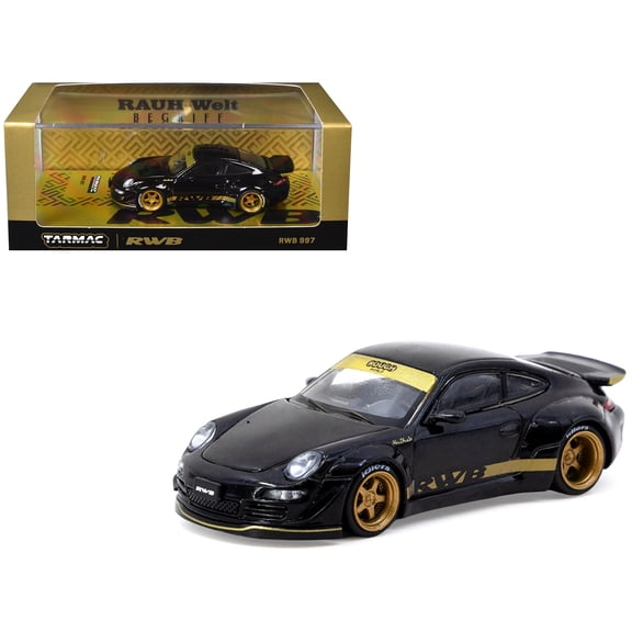 RWB 997 Black with Gold Wheels and Stripes "Hobby64" Series 1/64 Diecast Model by Tarmac Works