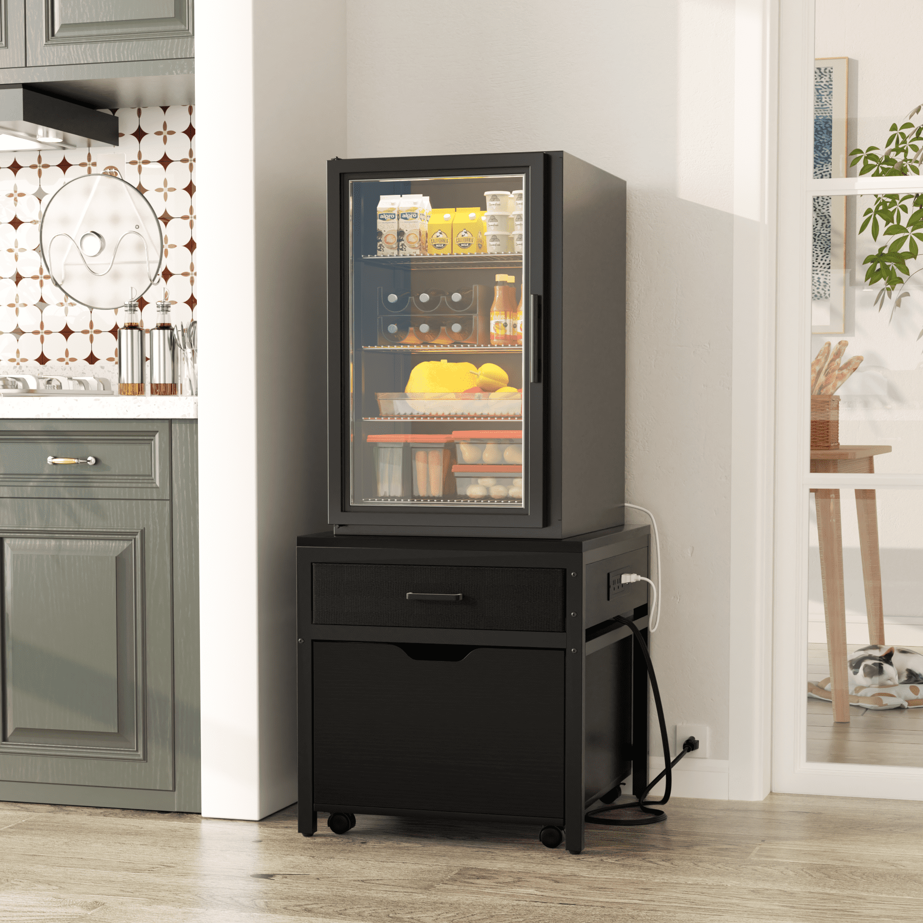 Aheaplus Heavy Duty Rolling Mini Fridge Stand with Drawer Storage & Sockets - Compatible with Mini Fridge & Microwave - for Dorm, Apartment, Office - Black