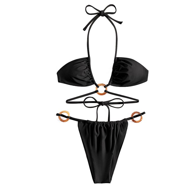Bikini con anillo vinculado Traje de baño Talle alto 2 piezas Lazo en la espalda Halter Triángulo Bikini para mujer Verano Negro L